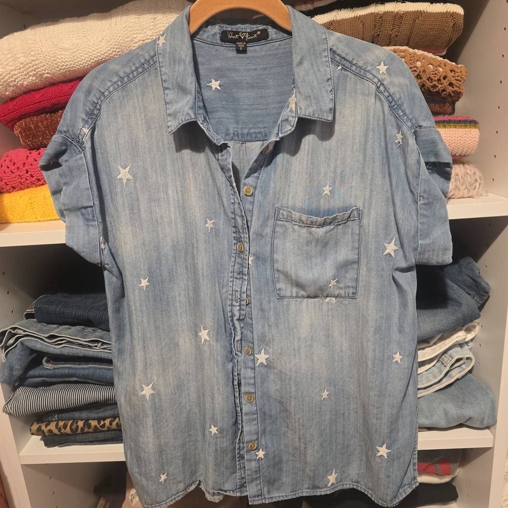 Velvet Heart Light Blue Star Embroidered Denim Button-Up Shirt